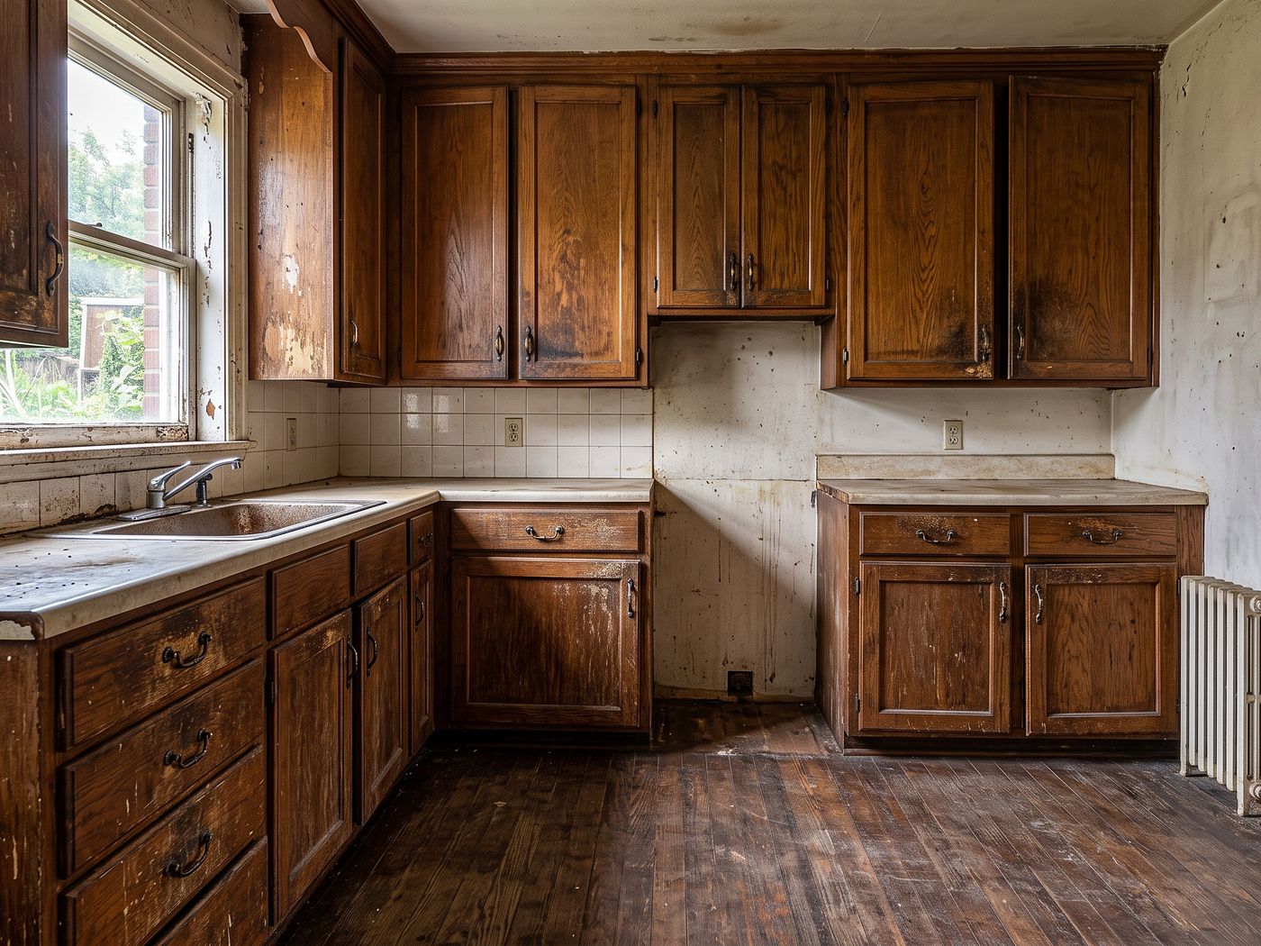 Cocina con muebles de madera envejecidos, antes de lacar