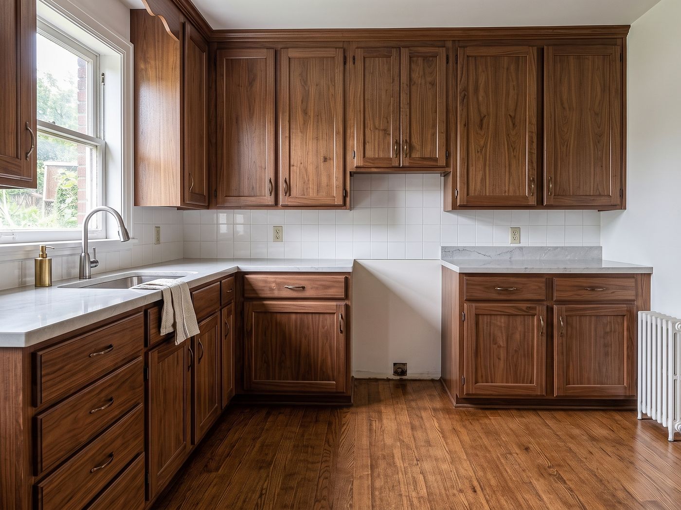 Misma cocina con muebles lacados en nogal