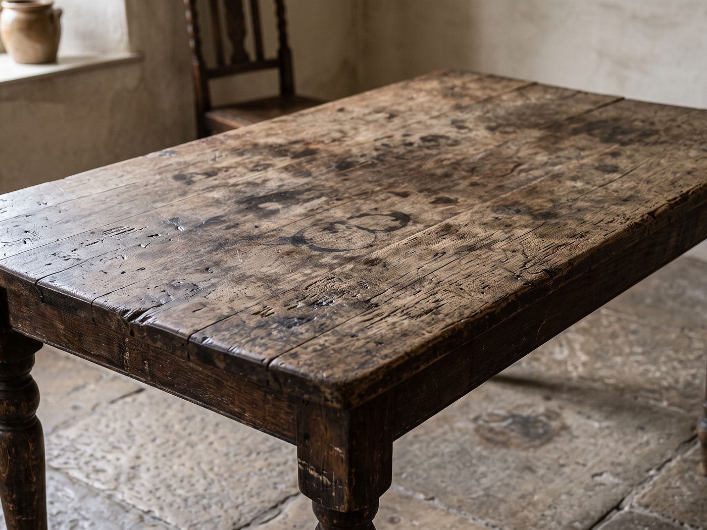 Mesa de madera desgastada, antes de restaurar